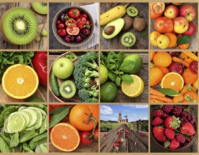 Food collage of various biological and organic fruits and vegetables, fresh healthy lifestyle, with