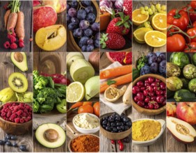 Food collage of various biological and organic fruits and vegetables, fresh healthy lifestyle, with