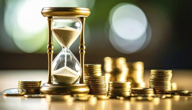 Hourglass and stacked golden coins, illustrating currency fluctuation and time impact commodities