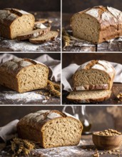 Collage of rustic loaf of whole grain bread, bread on dark rustic wooden table, great variety of