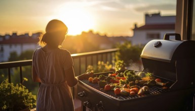 Cooking vegetables on grill on the balcony, healthy lifestyle, vegetarian barbeque, leisure time in