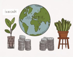 Green earth globe with silver coin stack symbolizing global finance economy and sustainable growth,