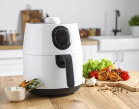 Air fryer with grilled vegetables, wooden table in the kitchen, healthy eating, healthy vegetarian