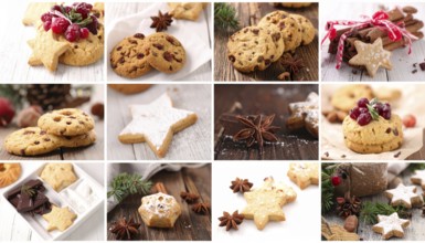 Collage of Christmas cookies and sweets, variation of sweet desserts, lots of unhealthy calories,
