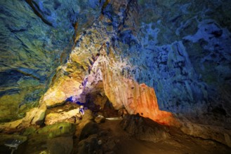 Coloured lighting, fog cave, stalactite cave in the Swabian Jura, stalactites, stalactite forest,