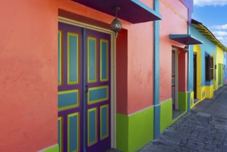 Colorful colonial architecture of historic center of Flores, Guatemala