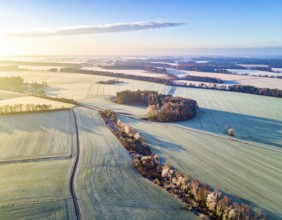 Bird Eye Perspective of Frost Covered Farmland. Seasonal Agricultural Scenery, winter and autumn
