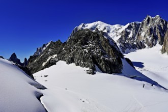 From left, the mountains l'Aiguille Noire de Peuterey, L'Aiguille Blanche de Peuterey, Mont Blanc,