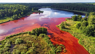 Red algae plant on the lake. abstract ecology nature concept, wild landscape with vibrant red