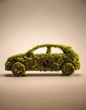 Car formed by green leaves and branches. Sustainable Car technology, ecology concept in harmony