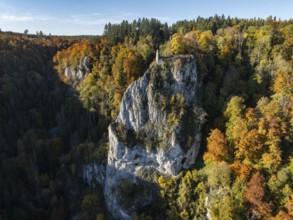 Aerial view of the viewpoint, shovels and Hausen Castle, also known as the Hausen ruins, surrounded