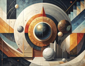 Vector art illustration, spheres, rectangles, triangles and geometric pattern, vector wallpaper