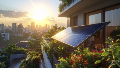 Sunlight Glinting Off Solar Panels on Contemporary Apartment Balcony, energy solution, concept of