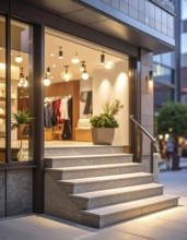 Modern building entrance with stairs, glass facade, and plants in warm evening light, empty
