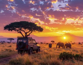 African savannah sunrise with a jeep safari and elephants, AI generated