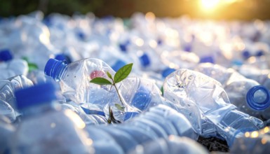 Crushed plastic water bottle waste in a wild landscape, symbol for nature protection, waste
