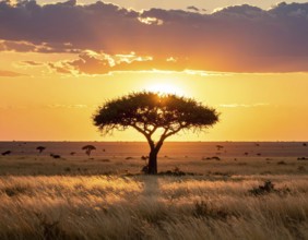 Single acacia tree in the savannah at sunset, solitude in the wild, dry grass in the foreground,