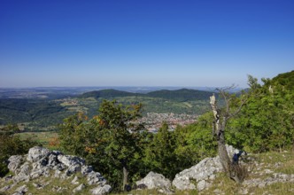 Picturesque scenery on the eaves of the Swabian Jura near Olgafels on Rossfeld in Metzingen-Glems,