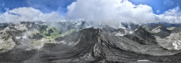 360° alpine panorama, aerial view, Lasörling summit, Lasörling Group, Hohe Tauern, East Tyrol,