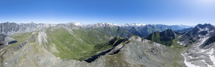 360° alpine panorama, aerial view with summit of Grossvenediger, Venediger Group and Lasörling