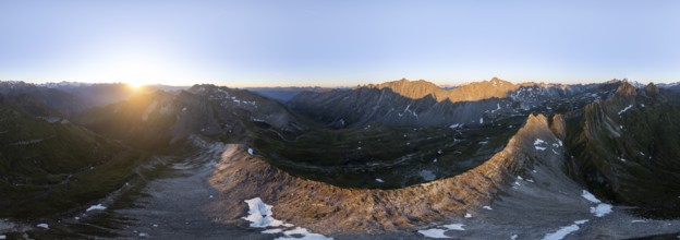 Sunrise 360° Alpine panorama, aerial view of Bachlenkenkopf, summit of the Großvenediger, Venediger