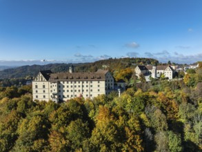 Aerial view of Heiligenberg Castle, a Renaissance-style palace complex, Tübingen administrative