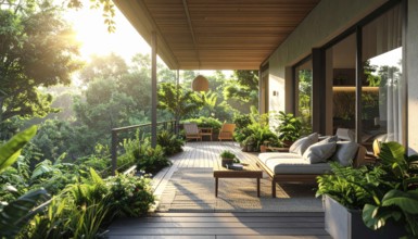 An eco-friendly porch designed for sustainable living in an environmentally-conscious home, lush