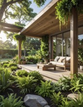 An eco-friendly porch designed for sustainable living in an environmentally-conscious home, lush