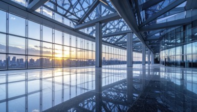 Modern architectural framework with glass and steel structure, glass facade with a greed of steel