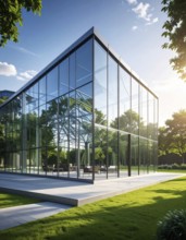 Modern architectural framework with glass and steel structure, glass facade with a greed of steel