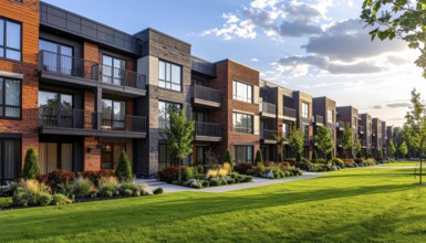 Modern apartment building with balconies and well-kept landscaping at sunset, Modern multifamily