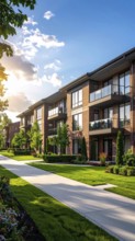 Modern apartment building with balconies and well-kept landscaping at sunset, Modern multifamily