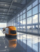 Autonomous cleaning roboter at modern airport terminal, showcasing advanced technology, daylight in