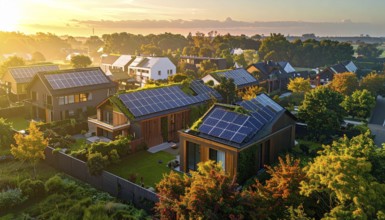 Aerial view showcases modern houses with solar panels and green roofs in a suburban setting,