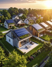 Aerial view showcases modern houses with solar panels and green roofs in a suburban setting,