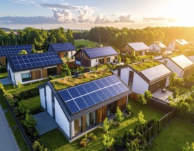 Aerial view showcases modern houses with solar panels and green roofs in a suburban setting,