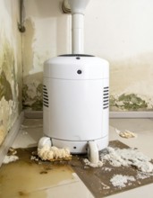 A specialized dehumidifier operates in a mold-infested room following water damage, Shell
