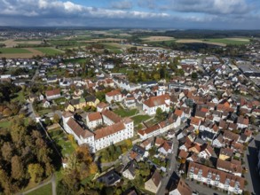 Aerial view of the city of Messkirch with Messkirch Castle and Castle of the Counts of Zimmern,
