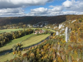 Aerial view of Käppeler Manor with St. George's Basilica near Thiergarten in the Upper Danube