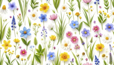 Vibrant wildflowers and grass create a colorful and joyful floral pattern, Variety of wild flowers,