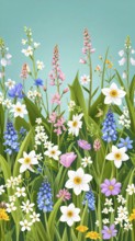 Vibrant wildflowers and grass create a colorful and joyful floral pattern, Variety of wild flowers,