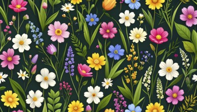 Vibrant wildflowers and grass create a colorful and joyful floral pattern, Variety of wild flowers,