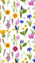 Vibrant wildflowers and grass create a colorful and joyful floral pattern, Variety of wild flowers,