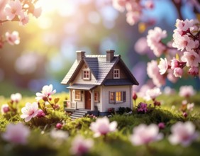 A miniature house surrounded by blooming cherry blossoms and warm sunlight, creating a peaceful and