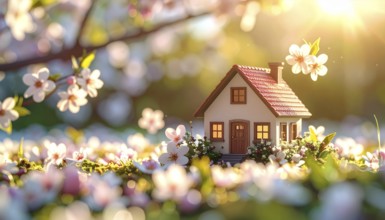 A miniature house surrounded by blooming cherry blossoms and warm sunlight, creating a peaceful and