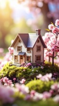 A miniature house surrounded by blooming cherry blossoms and warm sunlight, creating a peaceful and