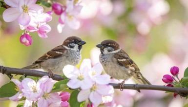 Small funny Sparrow Chicks sit in the garden surrounded by pink Apple blossoms on a Sunny may day,