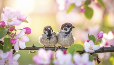 Small funny Sparrow Chicks sit in the garden surrounded by pink Apple blossoms on a Sunny may day,