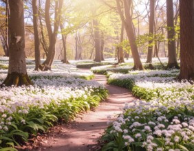 A tranquil forest path lined with white flowers, surrounded by tall trees and bathed in soft