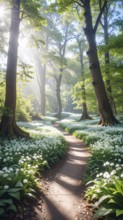 A tranquil forest path lined with white flowers, surrounded by tall trees and bathed in soft
